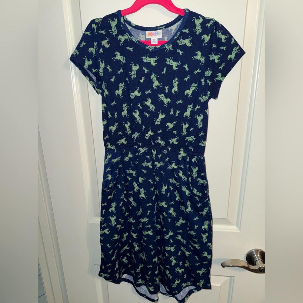 LulaRoe Girls Blue dress with Unicorns (has pockets)